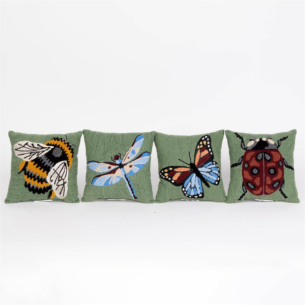 Mini Bug Pillows – Embroidered Green Canvas