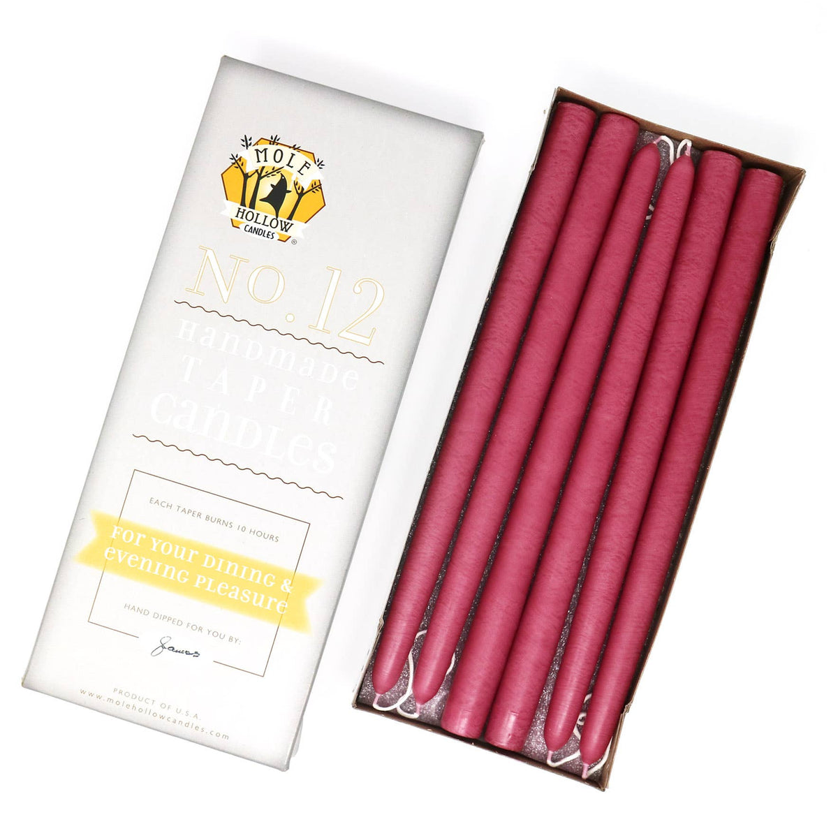 12" Hand Dipped Unscented Taper Candles - 39 Colors USA Made