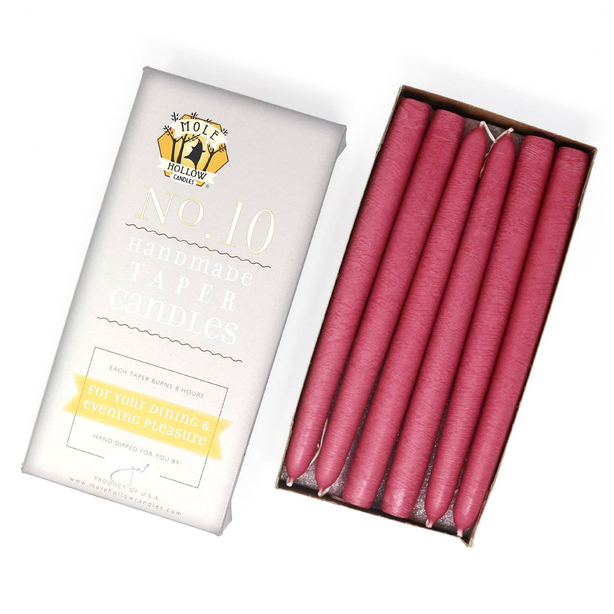 10" Hand Dipped Unscented Taper Candles - 39 Colors USA Made
