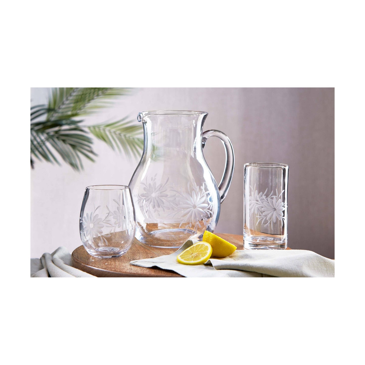 Fleur Etched Stemless Wine Glass - Clear