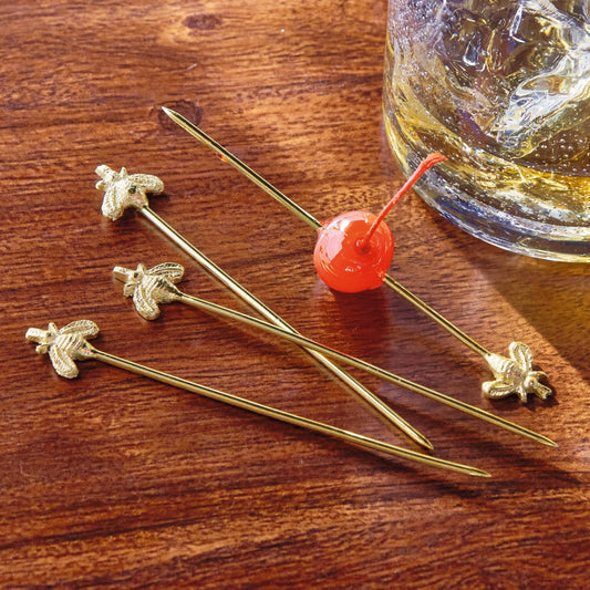 Bee Cocktail Pick Set of 4 Gold Aluminum Everyday