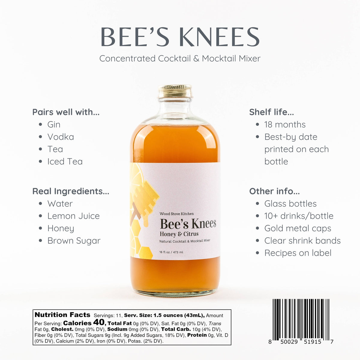 Bee's Knees Cocktail and Mocktail Mixer, 16 fl oz