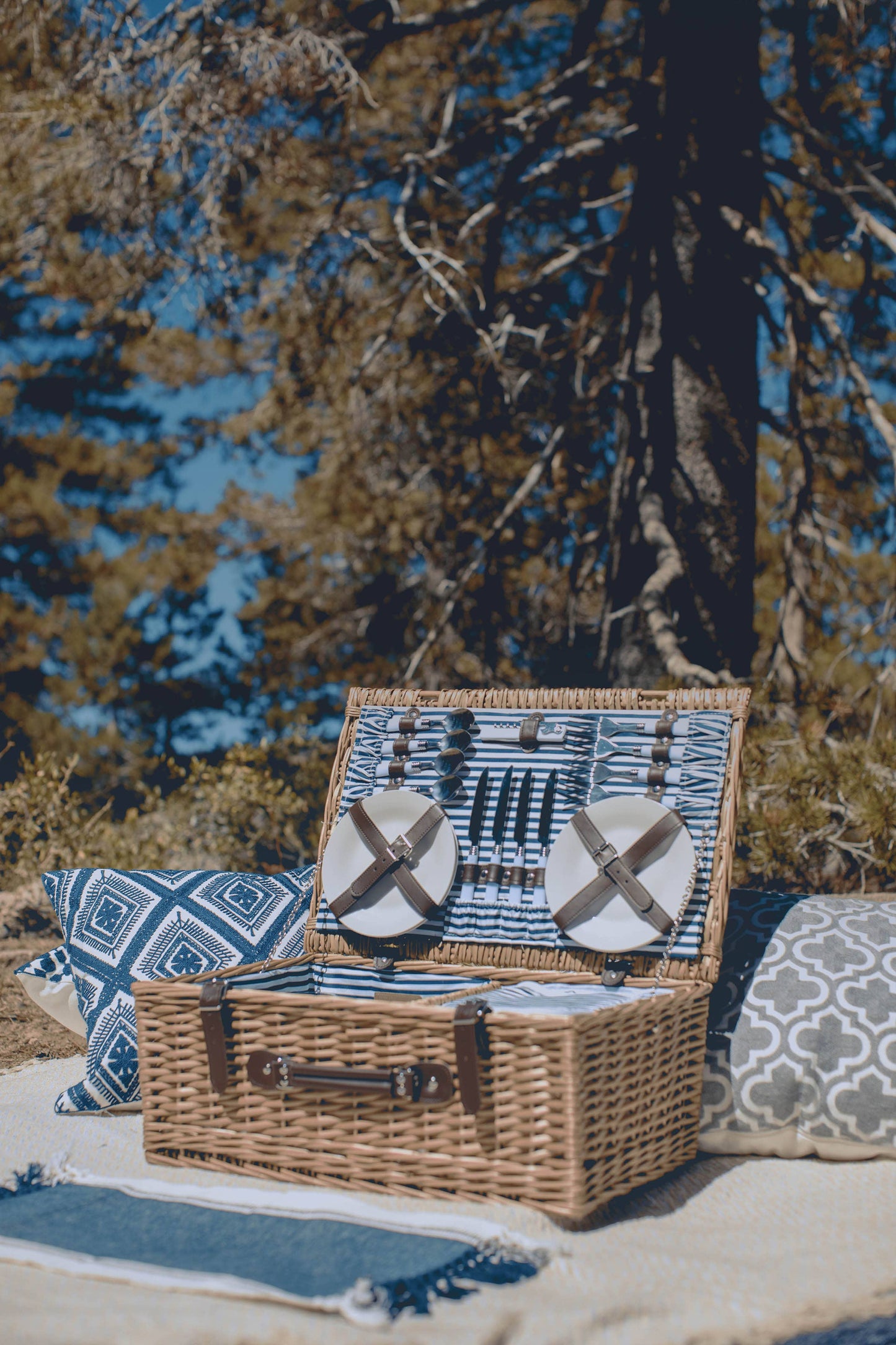 Belmont Picnic Basket, (Navy Blue & White Stripe)